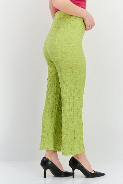 MANGO Woman Women Regular Fit Wide Leg Textured Palazzo Pants, Lime Green