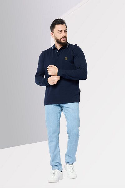 Lamborghini Men Regular Fit Brand Logo Long Sleeves Polo Shirt, Navy