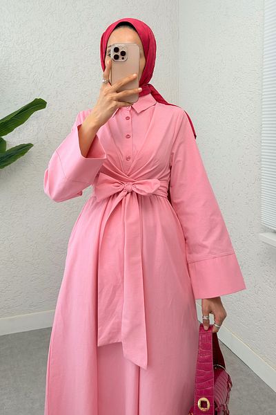 Salih Çelebi Front Tie Hijab Dress 2534 - Pink