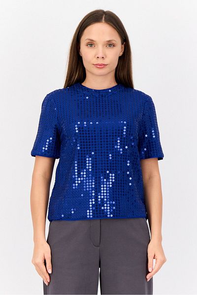 Esprit Women Crew Neck Short Sleeves Sequin Shirt, Blue
