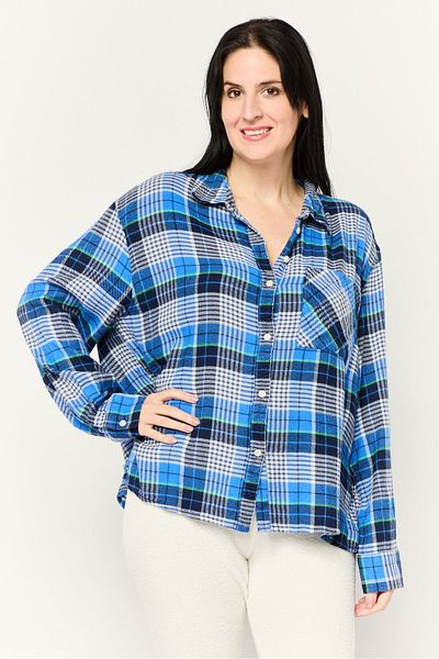 aerie Women Spread Collar Long Sleeve Checkered Top, Multicolor