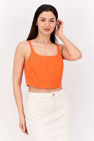 Esprit Women Scoop Neck Sleeveless Shirred Cropped Top, Orange