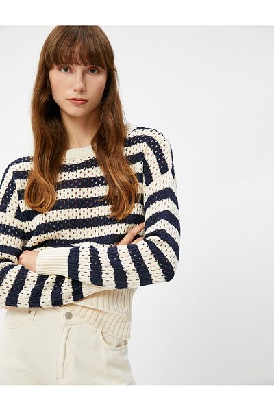 Koton Oversize-Pullover, durchbrochen gestrickt, Rundhalsausschnitt, lange Ärmel