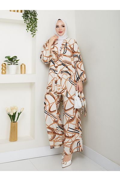 MODAMERSİ Women's Ecru Mink Viscose Fabric Belted Kimono Pants Set of Two
