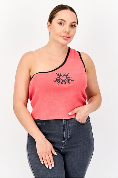 collusion Women Asymmetrical Neckline Sleeveless Graphic Print Tank Top, Red
