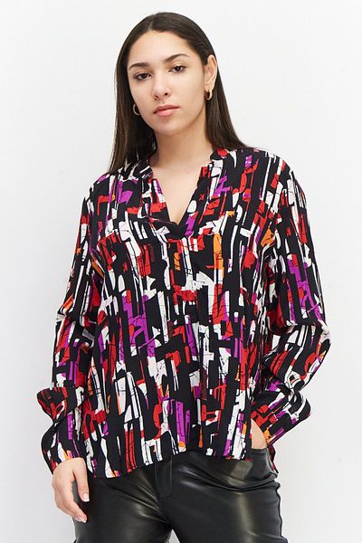 Esprit Women Split Neck Long Sleeve Allover Print Blouse, Black Combo