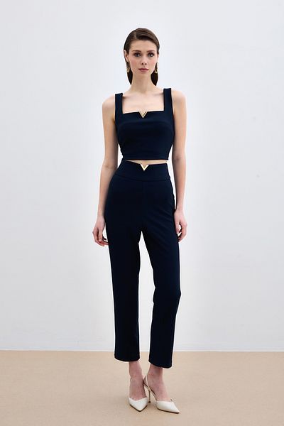 Sateen Dark Blue Pants with Waist Accessories