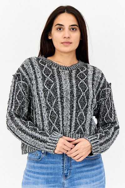 Don't Call Me Jennyfer Women Ribbed Collar Crochet Sweater, Middle Grey