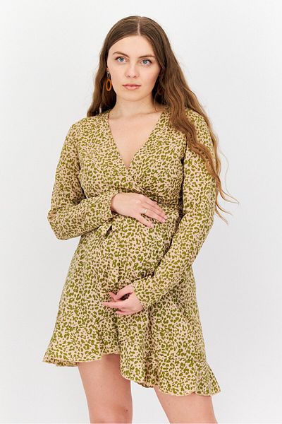 Missguided Maternity Cheetah Print Wrap Ruffle Long Sleeve Mini Dress, Pink/olive