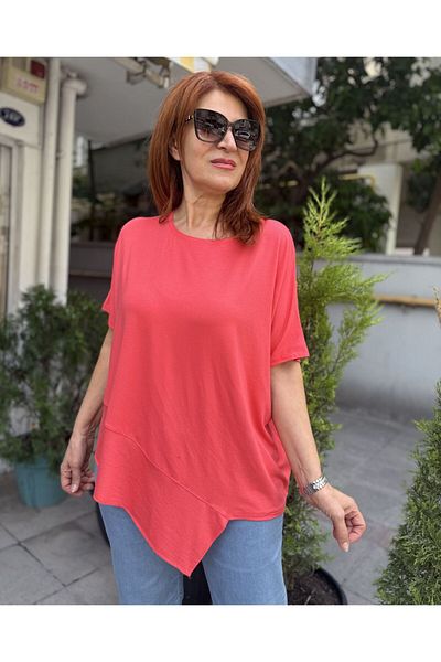 DenizEge Asymmetrical Viscose T-Shirt Pomegranate