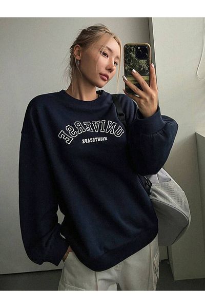 DUBU BUTİK Navy Blue Universe Sweatshirt - Oversize Thick Winter, Crew Neck