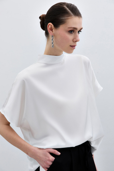 Sateen Yarasa Kol Salaş Bluz - Ekru