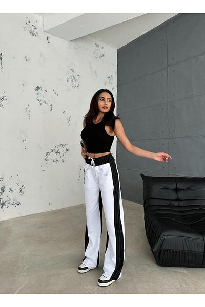 Zeo Basic White Baggly Trousers - Black Detailed, Striped, Elastic Waist