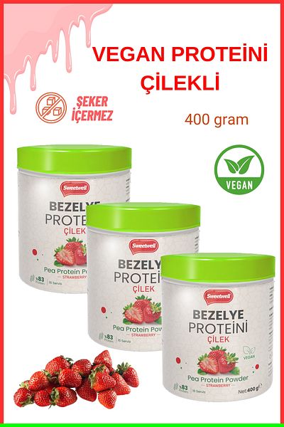 Sweetwell Strawberry Flavored Vegan Pea Protein Powder 400 Gr X 3 Pieces - Contains 83% Protein Pae Protein Powder