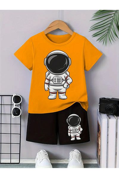 vinraus Girl\Boy Orange-Black Astronaut Printed Combed Cotton Shorts-Tshirt Set