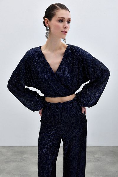 Sateen DARK BLUE Sequined Double Breasted Blouse