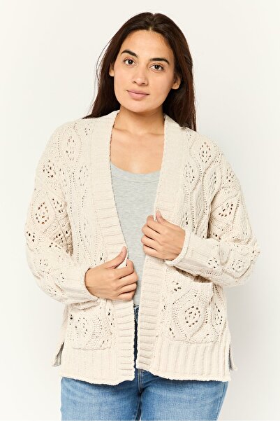 PİNK ROSE كارديجان نسائي محبوك بفتحة رقبة مفتوحة، لون بيج