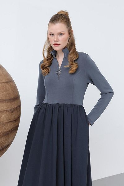 Loreen Women's Waist Gathered Collar Zipper Detailed Dress - 20607Elb - Navy
