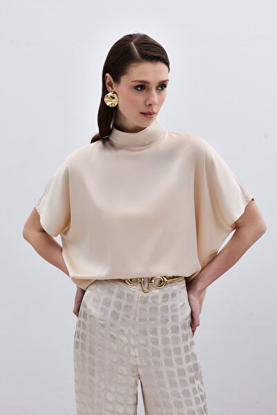 Sateen Beige Bat Sleeve Casual Blouse - Gx9688