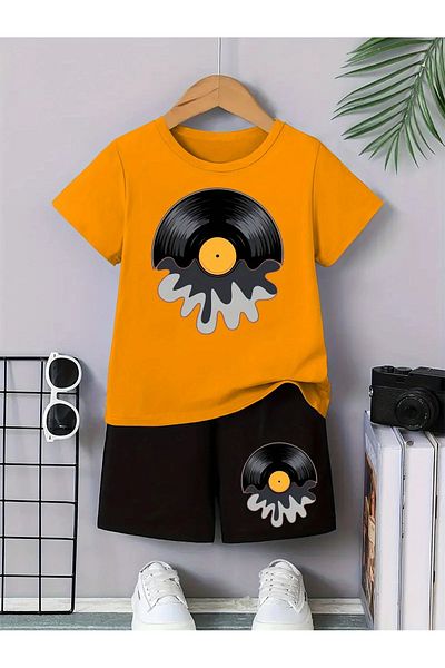 vinraus Girl\Boy Orange-Black Plaque Printed Combed Cotton Shorts-Tshirt Set