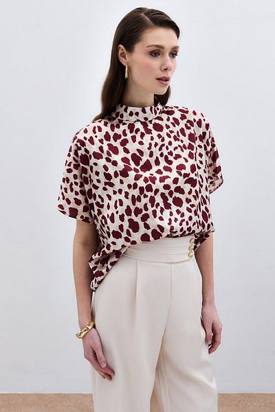 Sateen Bat Sleeve Casual Blouse - Beige-Claret Red
