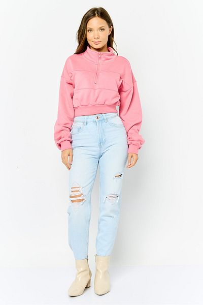 NIA Women High Neck Plain Crop Sweatshirt, Pink