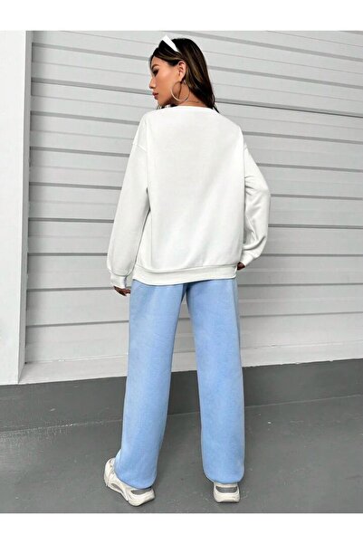 DUBU BUTİK Σετ φόρμας Los Angeles Motor Λευκό φούτερ Baby Blue Jogger - Printed Oversize Crew Neck