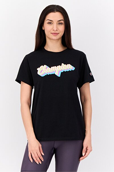 Champion تي شيرت نسائي رياضي بأكمام قصيرة مناسب للخارج، أسود