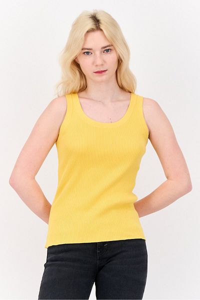 Esprit Women Round Neck Ribbed Sleeveless Tops, Yellow
