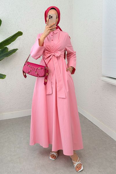 Salih Çelebi Front Tie Hijab Dress 2534 - Pink