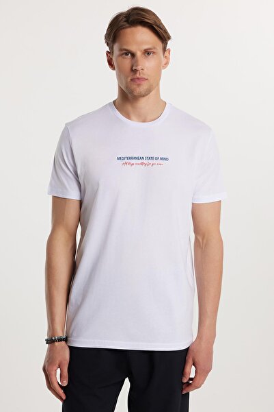 Tudors Ανδρικό T-shirt Slim Fit Slim Fit 100% βαμβακερό τυπωμένο λευκό μπλουζάκι με λαιμόκοψη