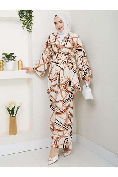 MODAMERSİ Women's Ecru Mink Viscose Fabric Belted Kimono Pants Set of Two