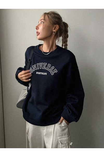 DUBU BUTİK Navy Blue Universe Sweatshirt - Oversize Thick Winter, Crew Neck
