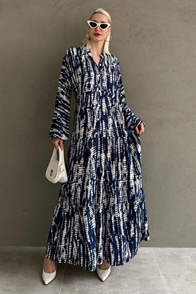 Madmext Siyah Desenli Önü Düğmeli Uzun Kollu Elbise MG2398