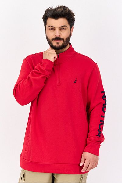 Nautica Men Mock Neck Long Sleeve Brand Logo Half Zip Sweatshirt, Red/navy