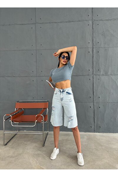 Zeo Basic Ripped Bermuda Shorts - Light Blue