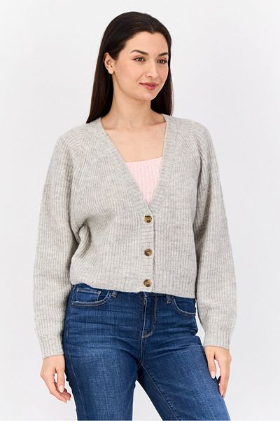 Esprit Women V Neck Knitted Cropped Cardigan, Grey