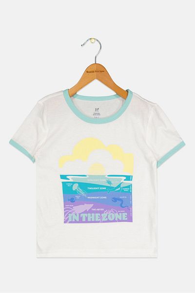GAP Kids Girl Round Neck Short Sleeves Graphic Print Top, White