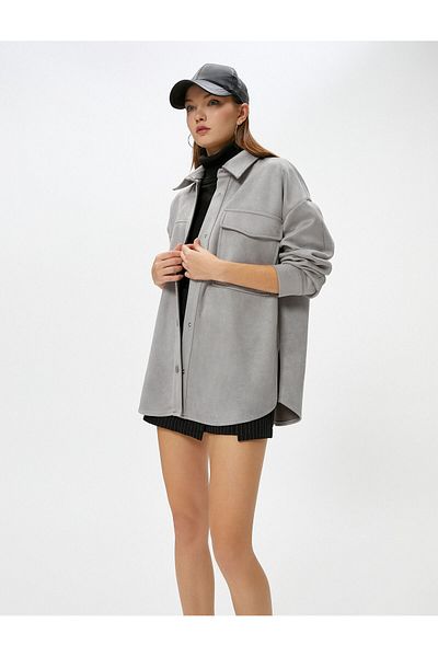 Koton Suede Look Shirt Long Sleeve with Snap Closure Pocket