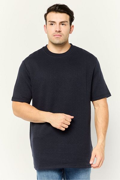 Threadbare Men Ribbed Neck Short Sleeves Herringbone T-shirt, Navy