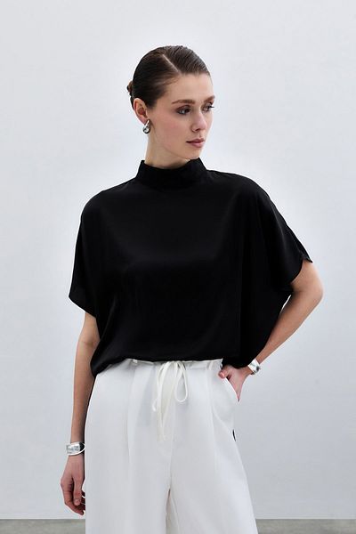 Sateen Bluză lejeră cu mâneci liliac - negru simplu