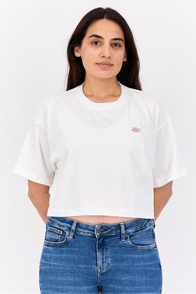 Esprit Women Crew Neck Short Sleeves Embroidered Cropped Tops, White