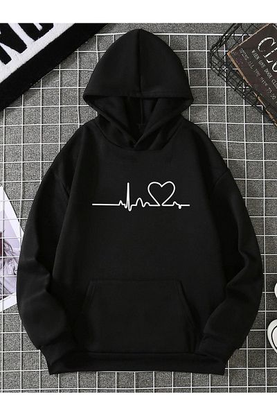 DUBU BUTİK Heart Rhythm Sweatshirt - Black Printed Oversize Thick Winter Hoodie
