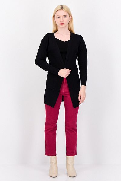 PİNK ROSE Women Split Neck Knitted Cardigan, Black