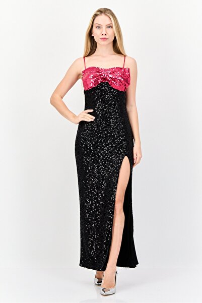 Lulus فستان ماكسي نسائي مزين بالترتر على شكل فراشة، أسود