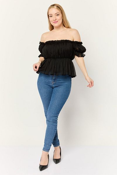 Steve Madden Women Off Shoulder Short Sleeves Textured Blouse, Black