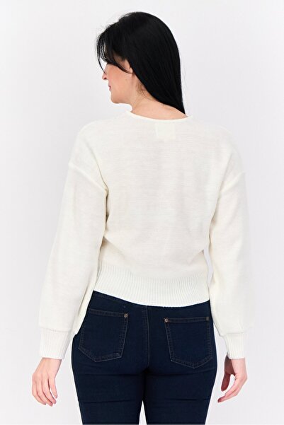 No Comment Women Surplice Neck Knitted Sweaters, Off White