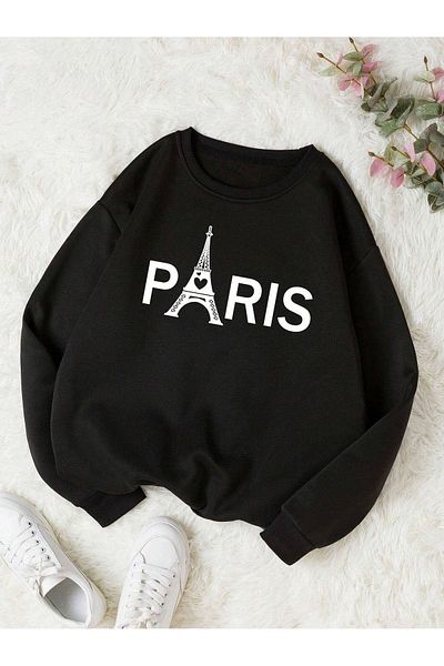 DUBU BUTİK Paris Eiffel Sweatshirt - Black Printed Oversize Crew Neck