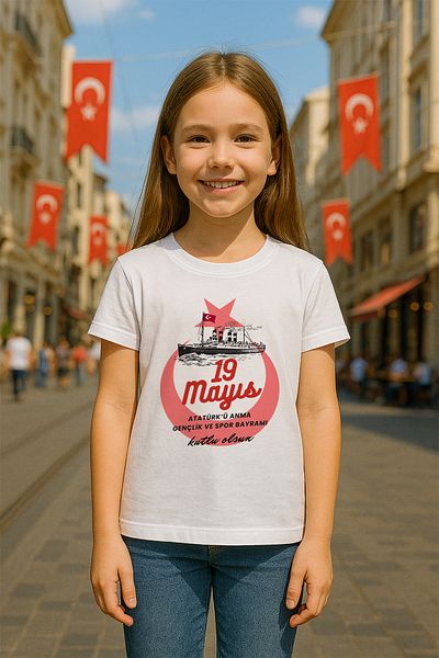 MYADA 19 May Special Bandırma Steamship and Moon Star Printed Children's T-Shirt 23591