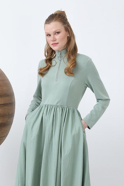 Loreen Women's Waist Gathered Collar Zipper Detailed Dress - 20607Elb - Almond Green